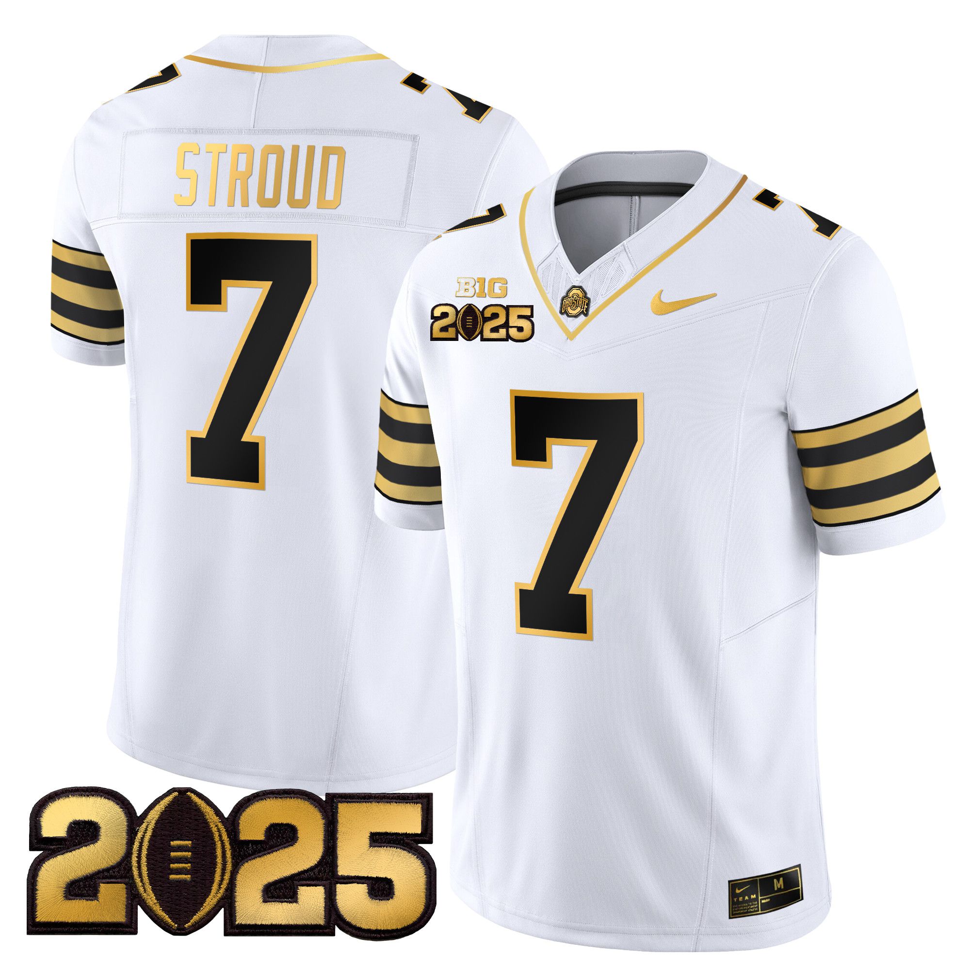 Men Ohio State Buckeyes #7 Stroud White 2025 CFP Final Patch Gold Vapor Limited NCAA Jersey